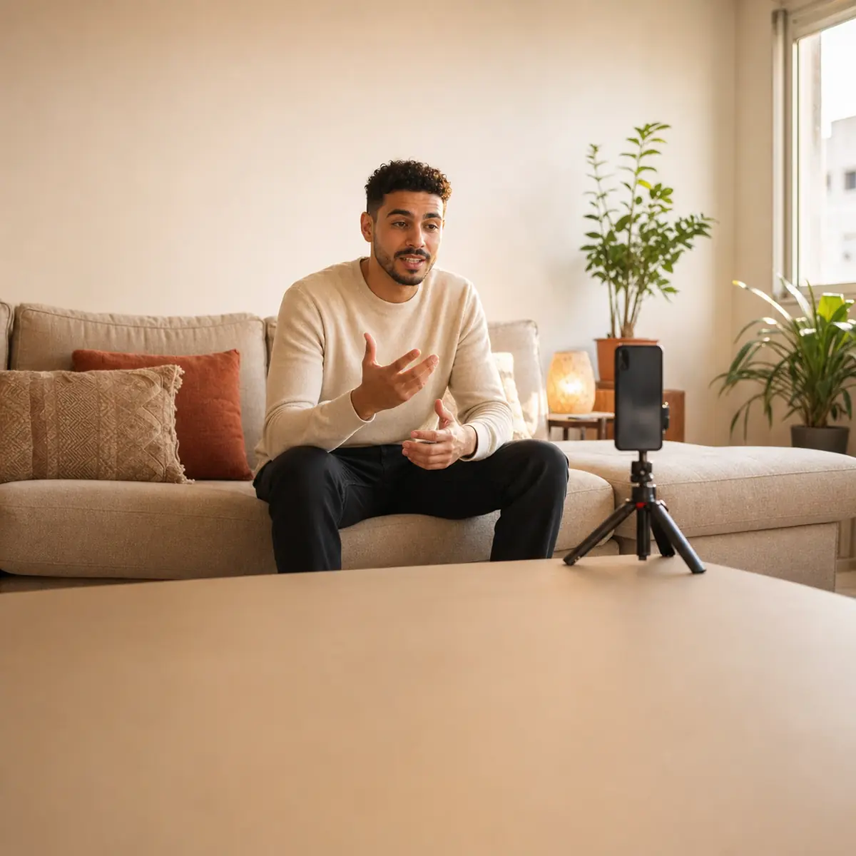 Un créateur filme sa vidéo de démonstration face à un téléphone monté sur trépied, dans le salon d'un appartement marocain.