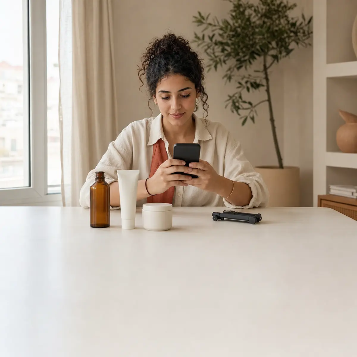 Une créatrice consulte son téléphone à sa table de travail, à côté des produits qu'elle s'apprête à filmer.