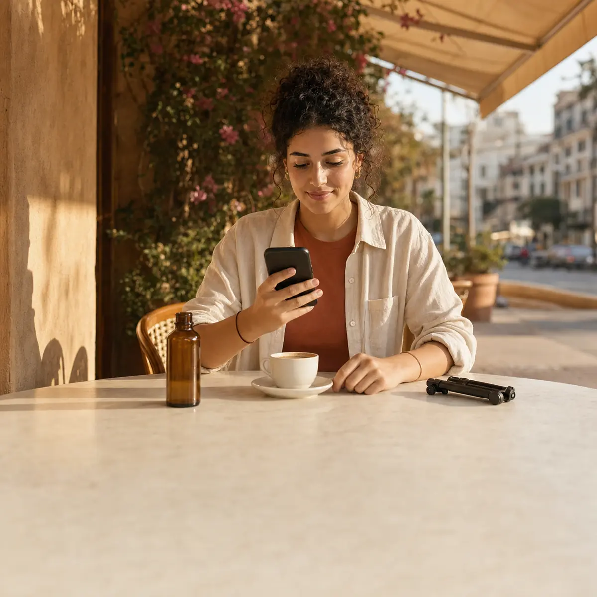 La même créatrice, en terrasse d'un café, consulte son téléphone après avoir livré sa vidéo.